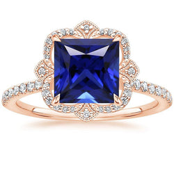 Natural Earth Mined Diamond Ring Vintage Style Princess Blue Sapphire With Accents 6 Carat