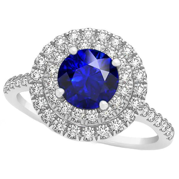 Diamond Round Blue Sapphire Ring Double Halo 4 Carats Women's Gold 14K - Gemstone Ring-harrychadent.ca