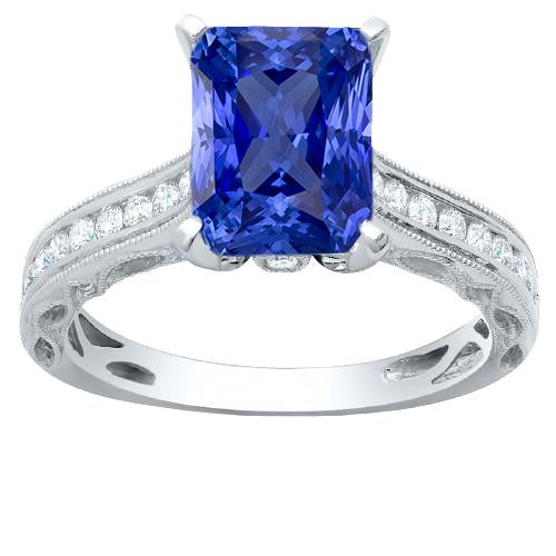 Diamond Sapphire Ring With Accents 4 Carats Milgrain Shank Channel Set - Gemstone Ring-harrychadent.ca