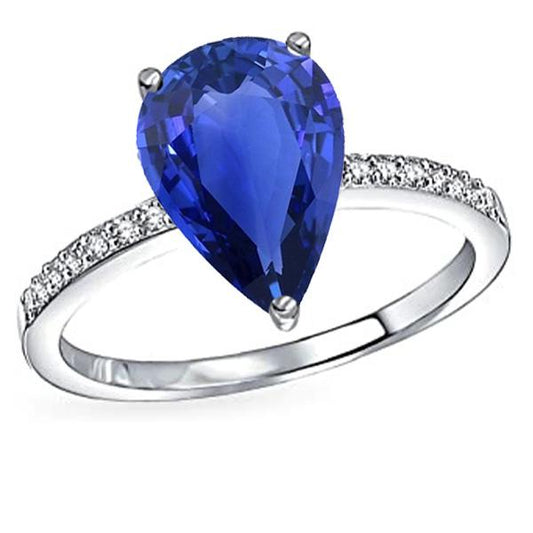 Diamond Solitaire Pear Ceylon Sapphire Ring With Accents 4 Carats - Gemstone Ring-harrychadent.ca