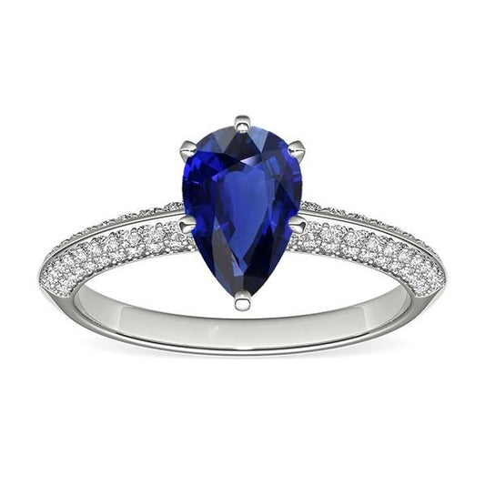 Diamond Solitaire Ring Accents Pear Sri Lankan Sapphire 3 Carats - Gemstone Ring-harrychadent.ca