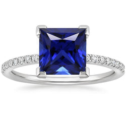 Natural Earth Mined Diamond Solitaire Ring Princess Blue Sapphire With Accents 5.50 Carats