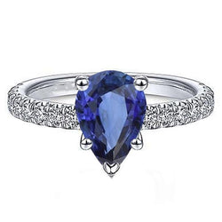 Natural Earth Mined Diamond Solitaire Ring With Accents Pear Cut Ceylon Sapphire 4 Carats