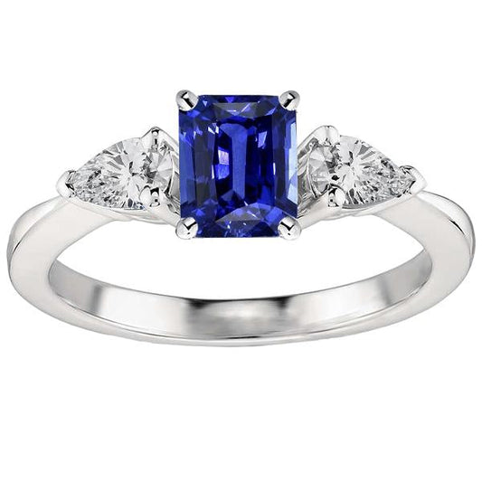 Diamond Three Stone Emerald Shaped Ring Deep Blue Sapphire 2.50 Carats - Gemstone Ring-harrychadent.ca
