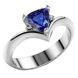 Natural Earth Mined Diamond Three Stone Trillion Sapphire Ring 1.25 Carats Heart Style