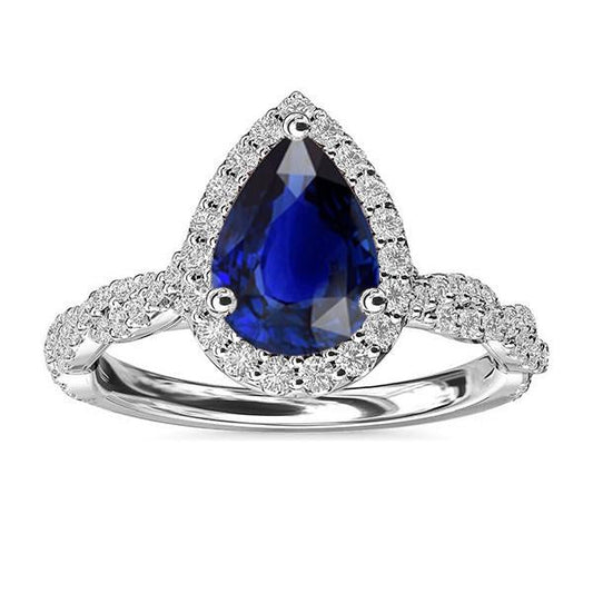 Diamond Wedding Halo Ring Pear Shaped Sri Lankan Sapphire 4 Carats - Gemstone Ring-harrychadent.ca