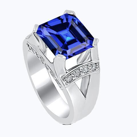 Diamond Wedding Ring Asscher Blue Sapphire Gold V Split Shank 3 Carats - Gemstone Ring-harrychadent.ca