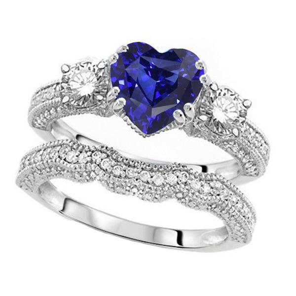 Diamond Wedding Ring Set Heart Blue Sapphire Antique Style 3.50 Carats - Gemstone Ring-harrychadent.ca