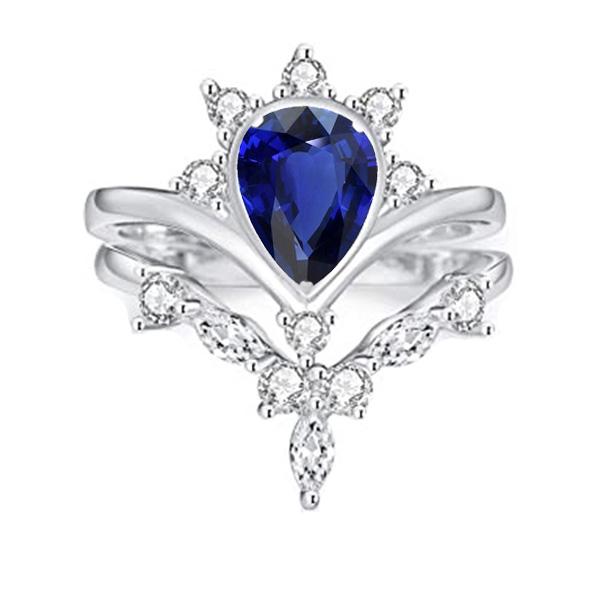 Diamond Wedding Ring Set Pear Ceylon Sapphire 3 Carats Crown Style - Gemstone Ring-harrychadent.ca