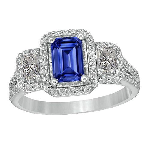 Double Halo Blue Sapphire Ring Radiant & Round Diamonds 3.50 Carats - Gemstone Ring-harrychadent.ca