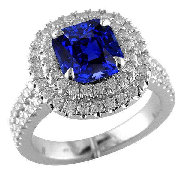 Double Halo Cushion Blue Sapphire Ring Pave Split Shank 4.50 Carats - Gemstone Ring-harrychadent.ca