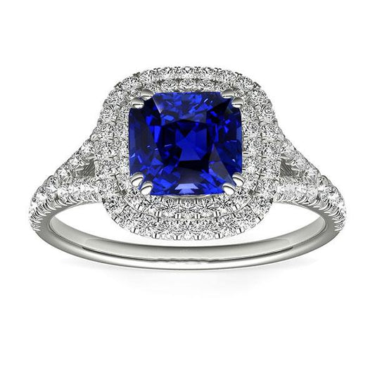 Double Halo Cushion Sapphire Ring Pave Split Shank Diamonds 4 Carats - Gemstone Ring-harrychadent.ca