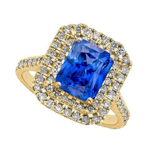Double Halo Diamond Ceylon Sapphire Ring 3.50 Carats Women Yellow Gold - Gemstone Ring-harrychadent.ca