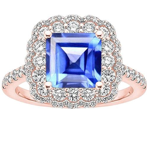 Double Halo Diamond Engagement Ring 5 Carats Asscher Ceylon Sapphire - Gemstone Ring-harrychadent.ca