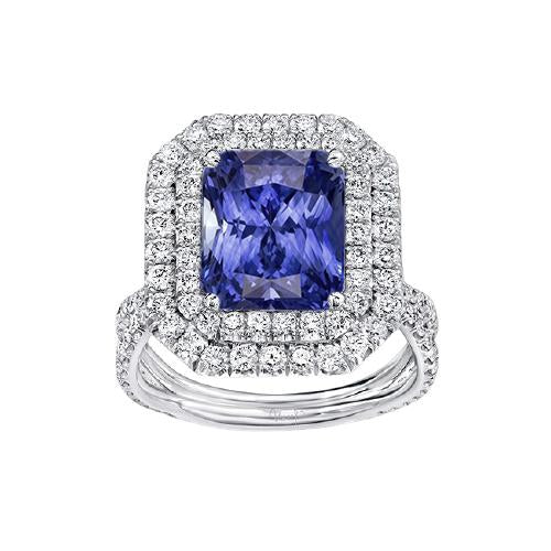 Double Halo Diamond Gold Sapphire Engagement Ring Split Shank 4 Carats - Gemstone Ring-harrychadent.ca
