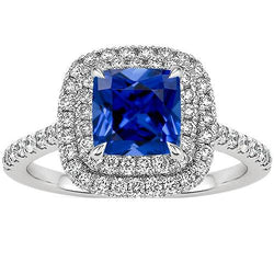 Double Halo Natural Earth Mined Diamond Ring Cushion Ceylon Sapphire Accents 3.25 Carats