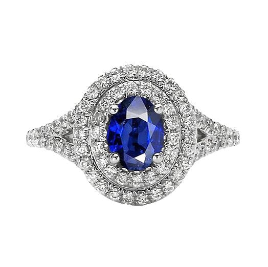 Double Halo Diamond Ring With Oval Blue Sapphire Gold 14K 11.25 Carats - Gemstone Ring-harrychadent.ca