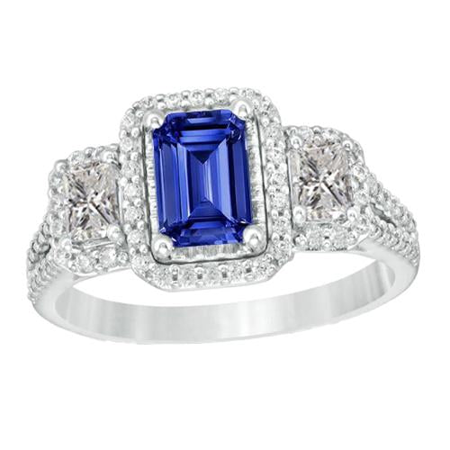 Double Halo Emerald Cut Ring Ceylon Sapphire 4.50 Carats Split Shank - Gemstone Ring-harrychadent.ca