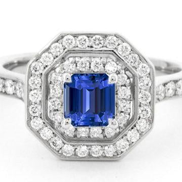 Double Halo Emerald Sapphire Ring 2.50 Carats Round Diamonds Prong Set - Gemstone Ring-harrychadent.ca