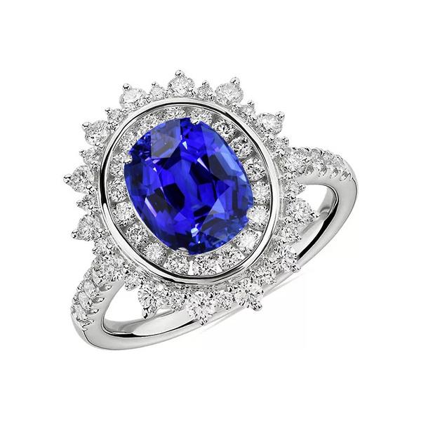 Double Halo Oval Blue Sapphire Ring Bezel Set 4 Carats Star Style - Gemstone Ring-harrychadent.ca