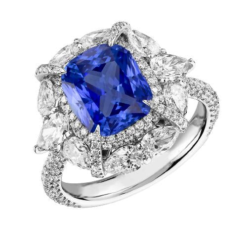 Double Halo Ring Cushion Sapphire Pear Pave Set Round Diamond 4 Carats - Gemstone Ring-harrychadent.ca