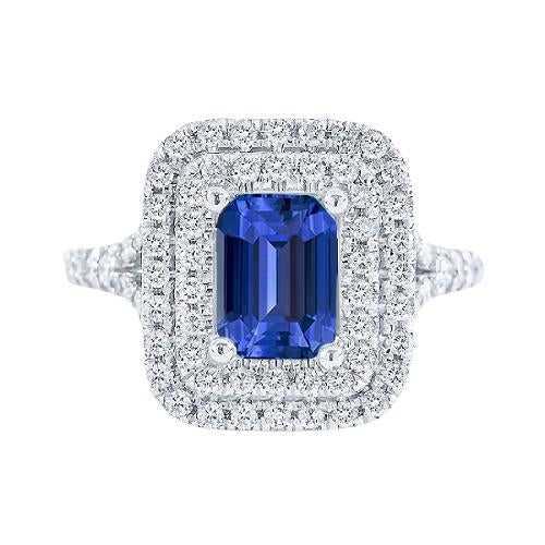 Double Halo Ring Emerald Shaped Natural Blue Sapphire 4 Carats - Gemstone Ring-harrychadent.ca
