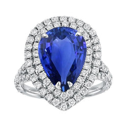 Double Halo Ring Pear Sri Lankan Sapphire & Diamonds 6.50 Carats
