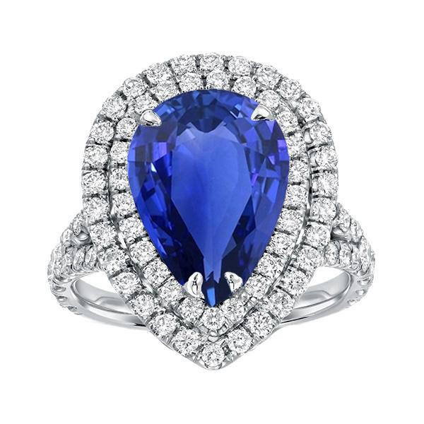 Double Halo Ring Pear Sri Lankan Sapphire & Diamonds 6.50 Carats - Gemstone Ring-harrychadent.ca