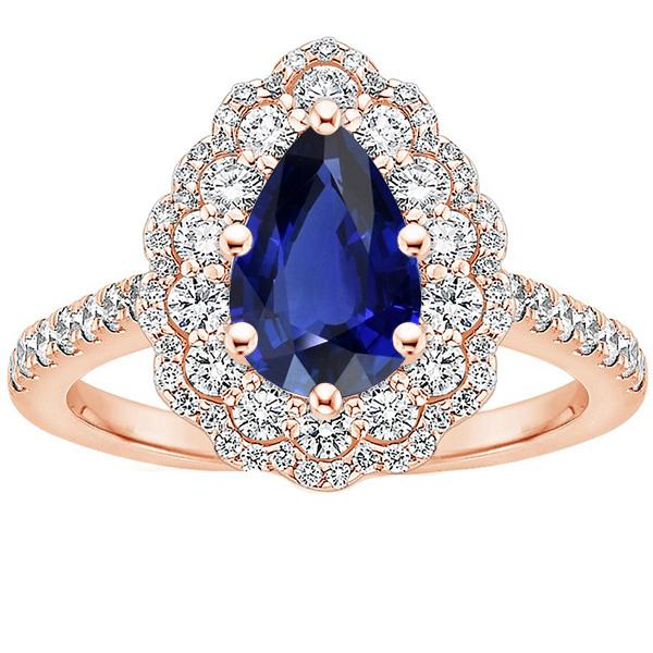 Double Halo Ring Rose Gold Flower Style Pear Ceylon Sapphire 4 Carats - Gemstone Ring-harrychadent.ca