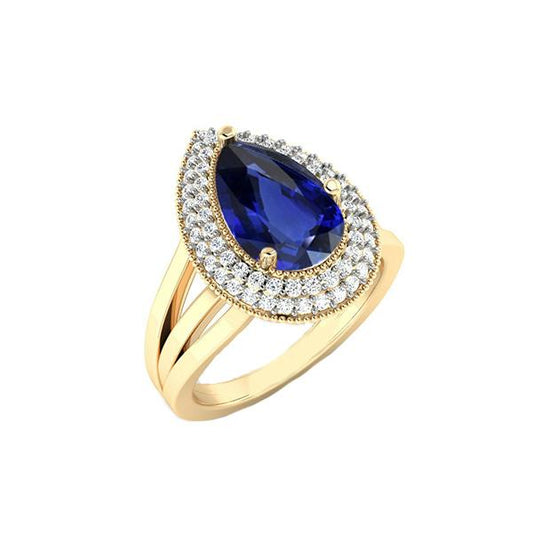 Double Halo Ring Triple Shank Ceylon Sapphire & Diamonds 4 Carats - Gemstone Ring-harrychadent.ca