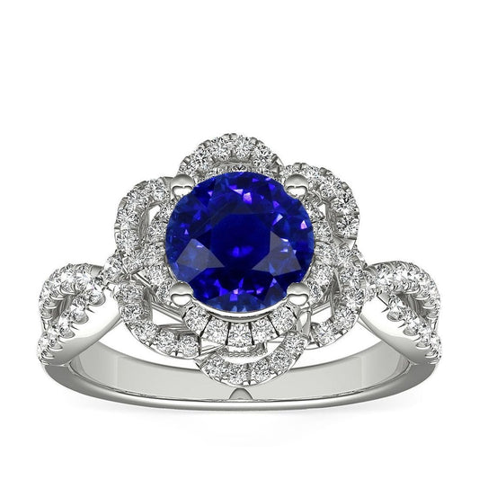 Double Halo Round Blue Sapphire Ring Flower Style 5 Carats Split Shank - Gemstone Ring-harrychadent.ca
