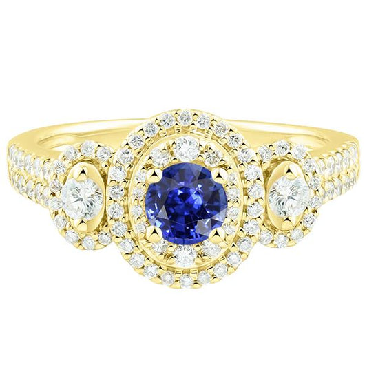 Double Halo Round Sapphire Ring Pave Set Diamonds 4.50 Carats - Gemstone Ring-harrychadent.ca