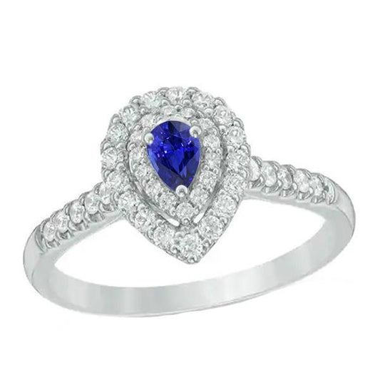 Double Halo Sri Lankan Sapphire Ring Pear & Diamonds 3 Carats - Gemstone Ring-harrychadent.ca