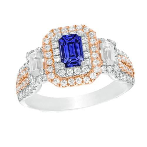 Double Halo Two Tone Blue Sapphire Ring Emerald & Diamonds 4 Carats - Gemstone Ring-harrychadent.ca