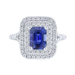 Double Halo Wedding Ring Emerald Blue Sapphire & Natural Earth Mined Diamonds 4 Carats