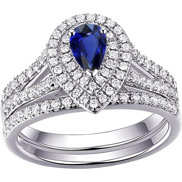 Double Halo Wedding Ring Set Pear Blue Sapphire & Diamonds 4.50 Carats - Gemstone Ring-harrychadent.ca