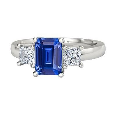 Emerald 3 Stone Ring Ceylon Sapphire & Princess Diamonds 1.75 Carats - Gemstone Ring-harrychadent.ca