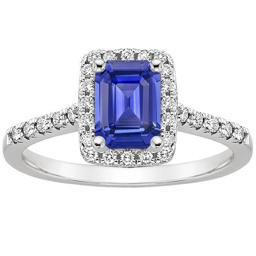 Emerald Cut Blue Sapphire Halo Ring with Diamond 4.25 Carats - Gemstone Ring-harrychadent.ca