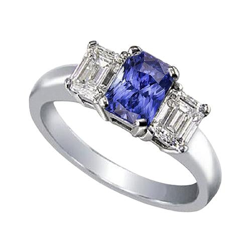 Emerald Diamond 3 Stone Ring 2 Carats Blue Sapphire Radiant Cut Gold - Gemstone Ring-harrychadent.ca
