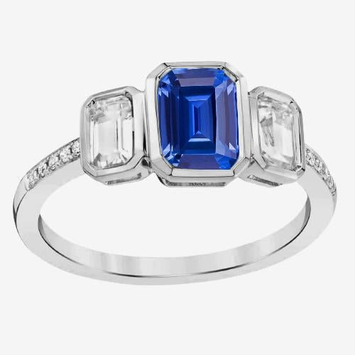 Emerald Diamond Bezel Set Blue Sapphire Ring 3 Stone Style 2.50 Carats - Gemstone Ring-harrychadent.ca