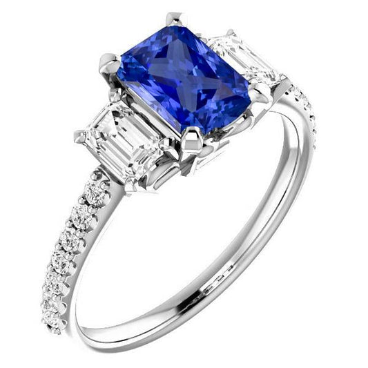 Emerald Diamond Radiant Blue Sapphire Ring 3 Carats White Gold 14K - Gemstone Ring-harrychadent.ca