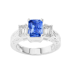 Emerald Natural Earth Mined Diamond Vintage Style Ring 2 Carats Blue Sapphire Radiant Shape
