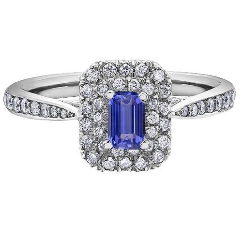 Emerald Double Halo Blue Sapphire Ring Tapered Shank 3 Carats - Gemstone Ring-harrychadent.ca