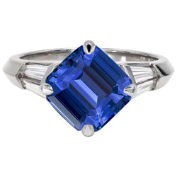 Emerald Gemstone Ring Ceylon Sapphire 6 Carat Tapered Baguette Natural Earth Mined Diamond
