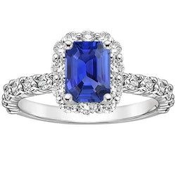 Emerald Halo Ring Sri Lankan Sapphire & Natural Earth Mined Diamond 4.25 Carats