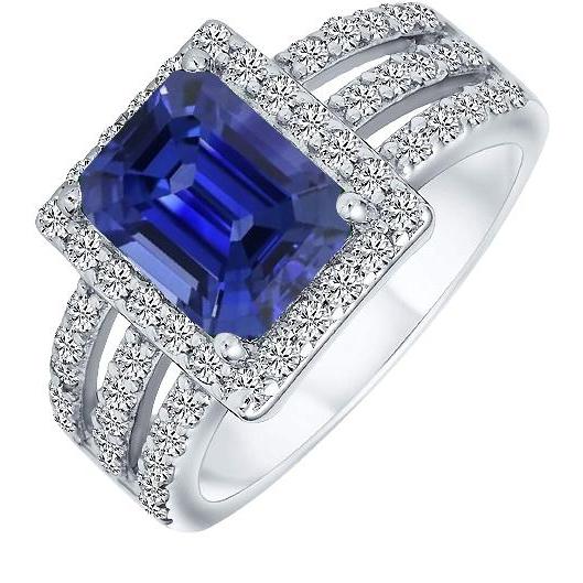 Emerald Halo Srilanka Sapphire Ring Triple Shank Diamonds 5.50 Carats - Gemstone Ring-harrychadent.ca