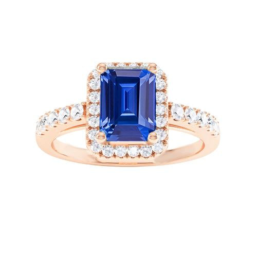 Emerald & Round Diamond Halo Ring Blue Sapphire 3.50 Carats Rose Gold - Gemstone Ring-harrychadent.ca