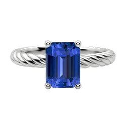 Emerald Solitaire Blue Sapphire Ring Gold Twisted Rope Style 2 Carats