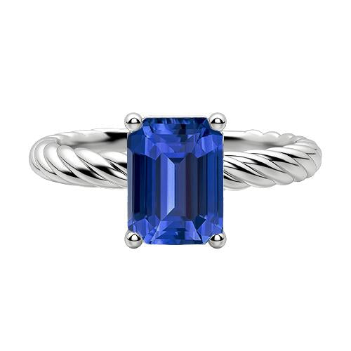 Emerald Solitaire Blue Sapphire Ring Gold Twisted Rope Style 2 Carats - Gemstone Ring-harrychadent.ca