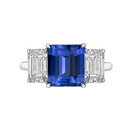 Emerald Three Stone Blue Sapphire Ring 3 Carats Gold Jewelry - Gemstone Ring-harrychadent.ca